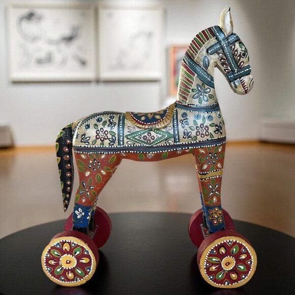 Vintage Large Folk Art Hand-Carved and Hand Painted Wooden Horse on Wheels 13.5H - Picture 1 of 15